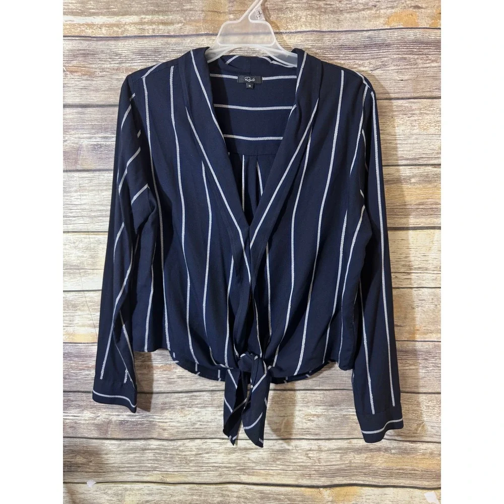 Rails Ava Livorno Blouse Stripe Navy Metallic Tie Front Top M Medium V Neck